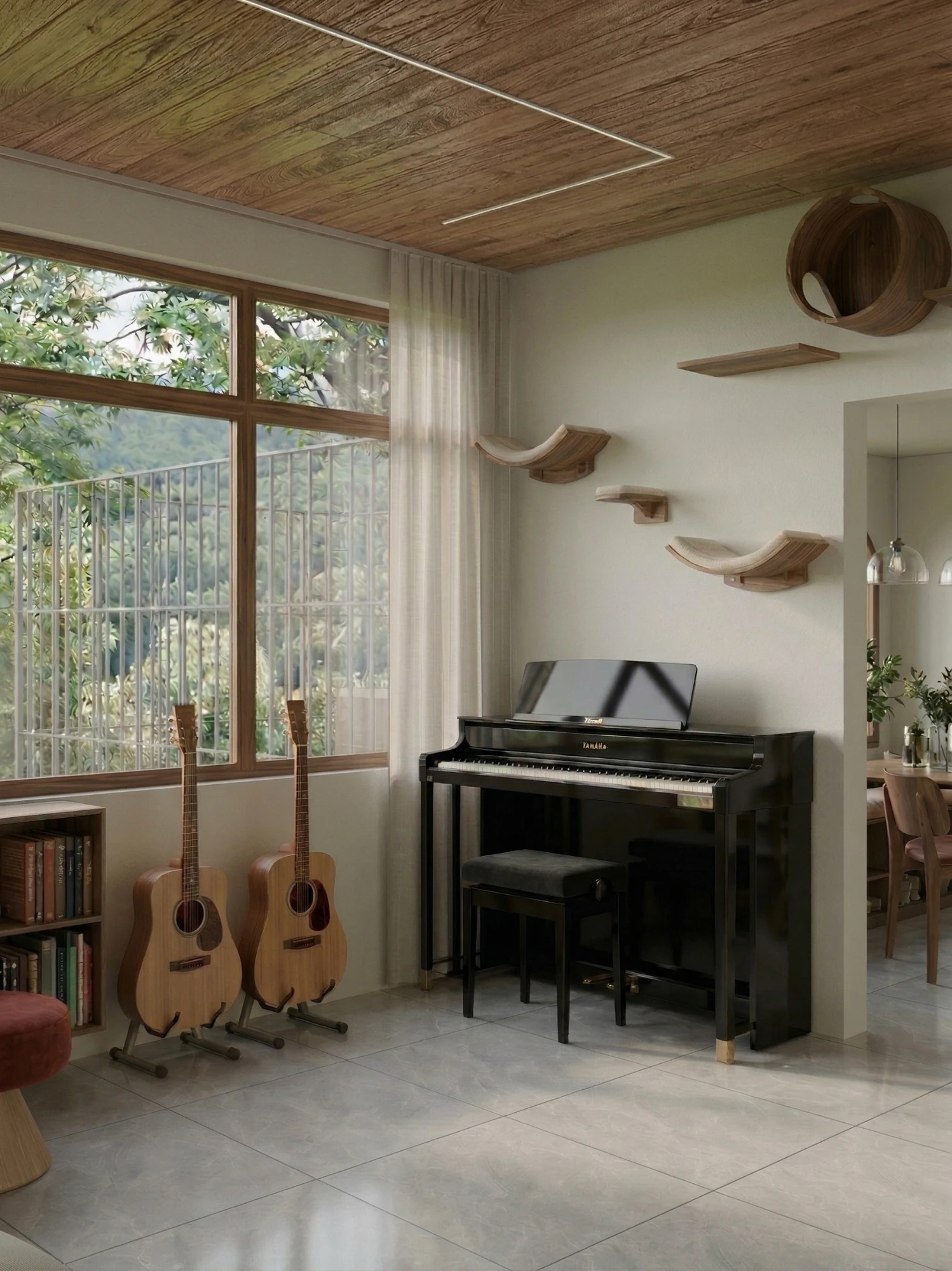 Sala de música com piano, violões e forro de madeira
